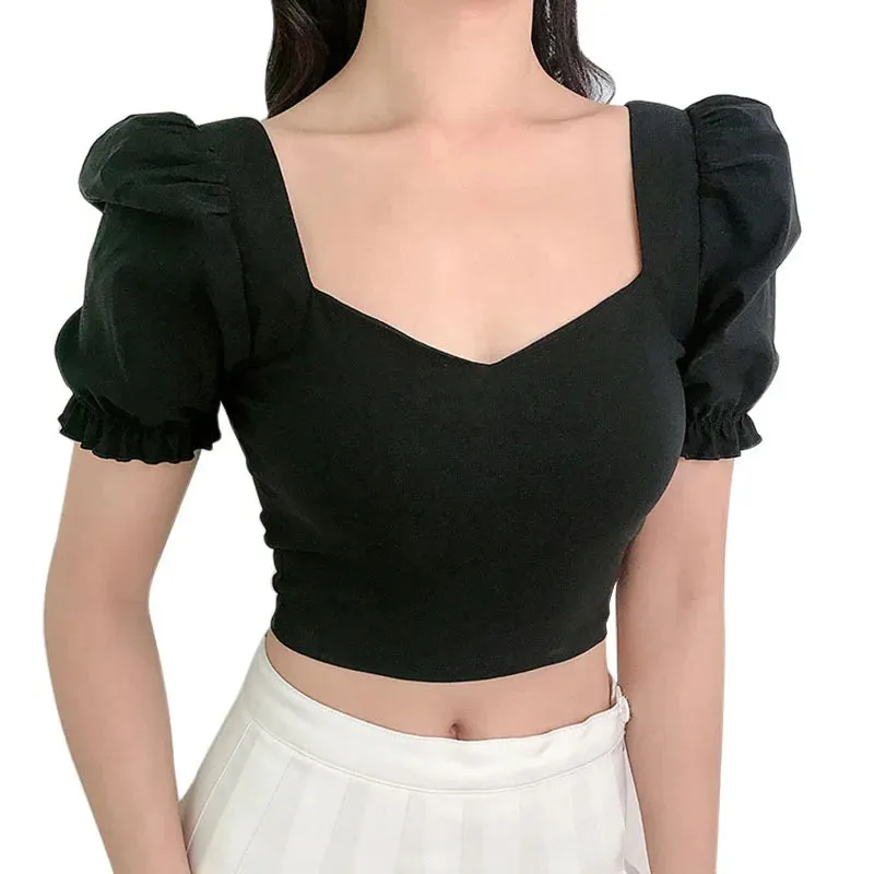 Znbbw Women's Solid V-Neck Slim Fit Open Navel Short Sleeve Top T-shirt Solid Square Neck Sexy Open Navel Pullover T-shirt - Image 4