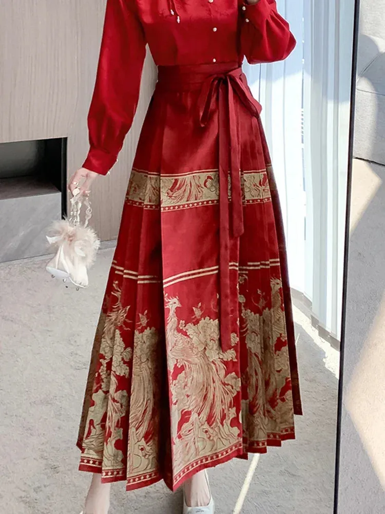 Znbbw Women Spring Autumn Skirt New Temperament Leisure Time Printing Chinese Style Elegant Wedding Red Horse Face Skirt D5690 - Image 3