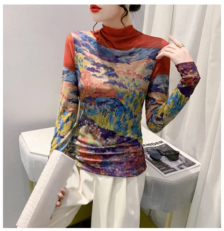 Znbbw Women's Fashion Printing Long Sleeve Half High Neck Mesh T-shirts Female Positioning Flower T Shirt FF0966 - Image 2