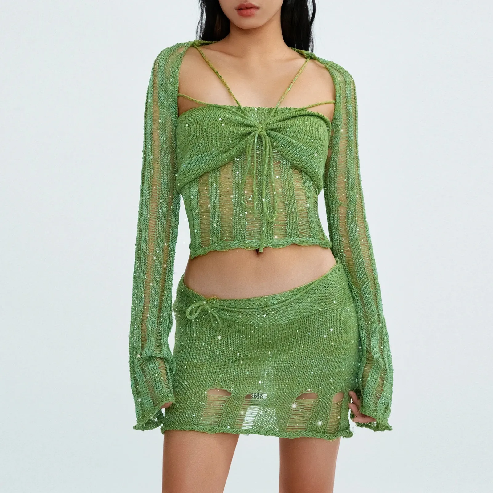 Znbbw Women Sequins Crochet Knit 2 Piece Skirts Sets Hollow Out Knitted Crop Tops Bodycon Mini Skirt Set Beach Vacation Outfits - Image 6