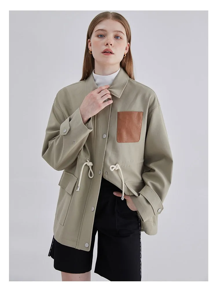 znbbw Women Vintage Patchwork Short Jacket Trendy Turn-down Collar PU Pocket Loose Casual Single Breasted Trend Thin Coat Autumn 2023 - Image 5