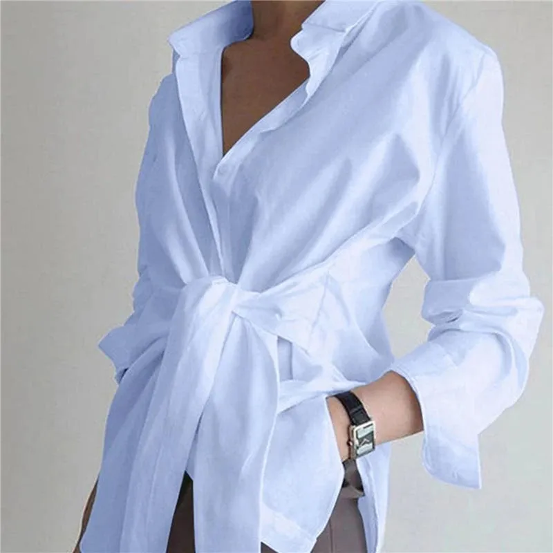 Znbbw White Blouses Women Bandage Long Sleeve Black Shirts Korean Fashion Ol Lace Up Asymmetric Solid Lapel Casual Tunic Tops - Image 3