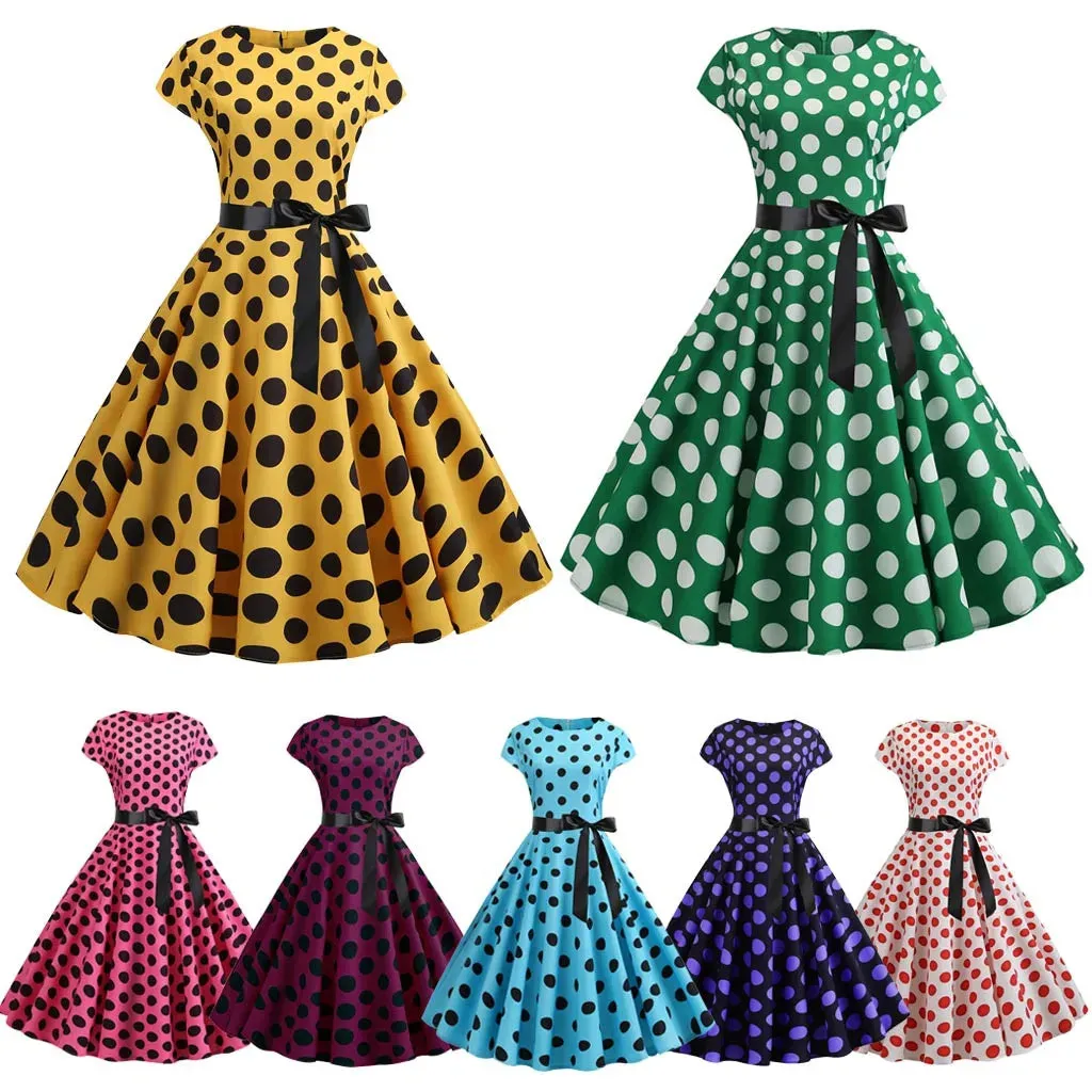 Znbbw Women Vintage 1950s 60s Polka Dot Print High Waist A-line Swing Party Dress Retro Short Sleeve With Belt Evening Prom Dress