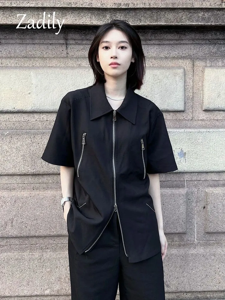 znbbw 2023 Summer Streetwear Short Sleeve Woman Black Shirt Oversize Y2K Zipper Up Woman Tunic Blouse Female Clothing Top - Image 5