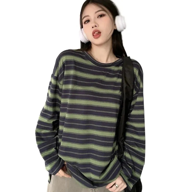 Znbbw Women's Casual Top Spring Autumn Stripe Contrast Long Sleeves T-Shirt - Image 2