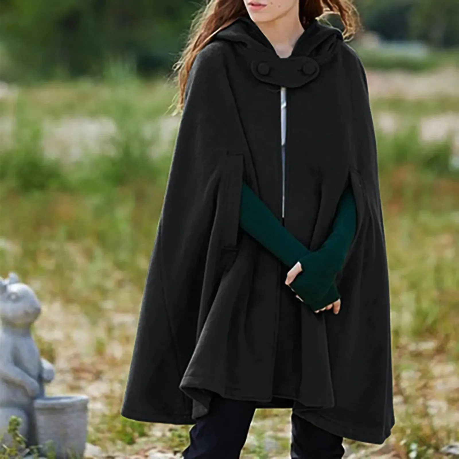 Znbbw Women Hooded Medium Cape Winter Vintage Overcoat Fashion Button Cloak Woolen Coat Womens Fall Jackets And Coats for Work - Image 2