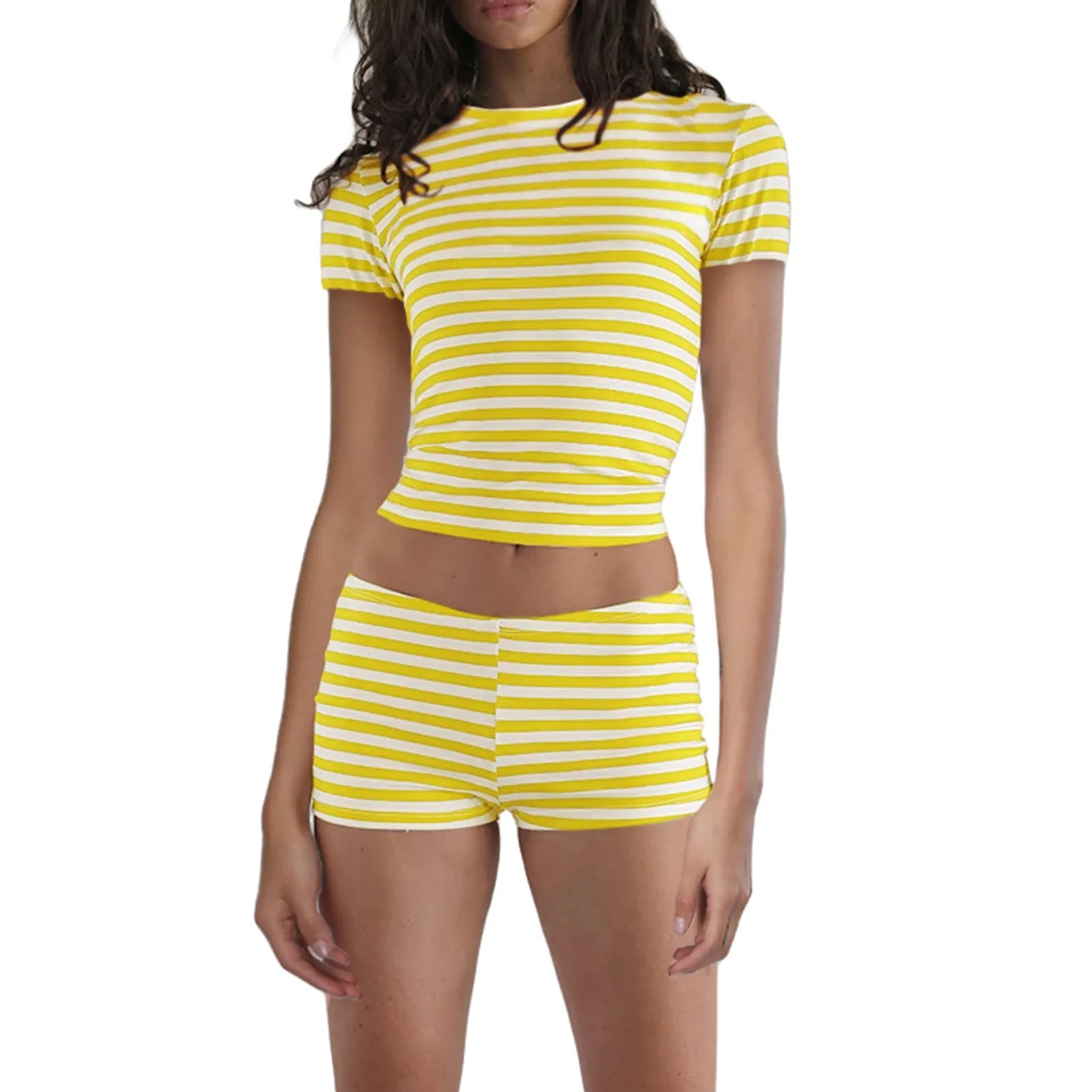 Znbbw Women Summer 2000s Aesthetic 2 Piece Casual Outfits Short Sleeve Striped Print T-shirts Tops+Low Waist Shorts Clothes Streetwear - Image 7