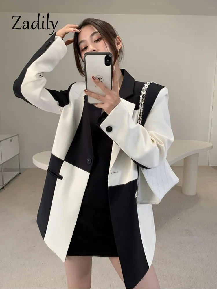 znbbw 2023 Herfst Oversize Volledige Mouw Vrouwen Lange Blazer Kantoor Dame Zwart Wit Patchwork Pak Blazer Werk Vrouwelijke Kleding Jas - Image 3