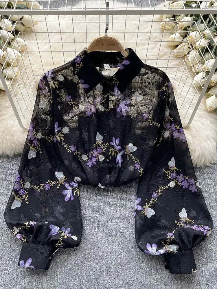 Znbbw Women Spring Shirt Korean Version Temperament High-end Floral Shirt with Bubble Sleeve Design Niche and Unique Top D5053 - Image 9