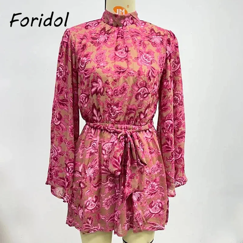 Znbbw Backless Floral Print Boho Pink Romper Playsuit Women Wide Leg Beach Pink Loose Romper Stand Collar Flare Sleeve Overall - Image 2