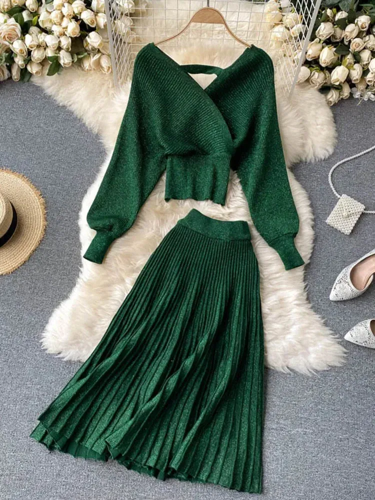 Znbbw Women Korean New Style Cross V-neck Puff Sleeve Short Waist Top + Elastic High Waist Pleated Skirt Knitting Two Piece D039 - Image 9