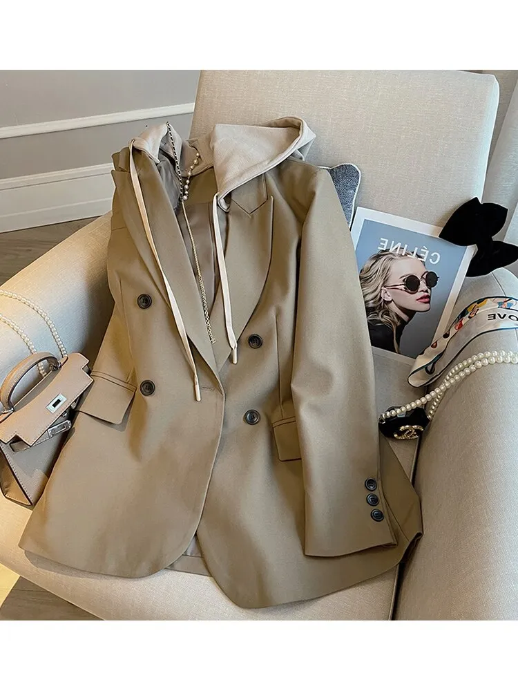 znbbw Women Khaki Double Breasted Patchwork Hooded Blazer New Fake Two Long Sleeve Loose Lace up Jacket Autumn Winter 2023 Female - Image 2