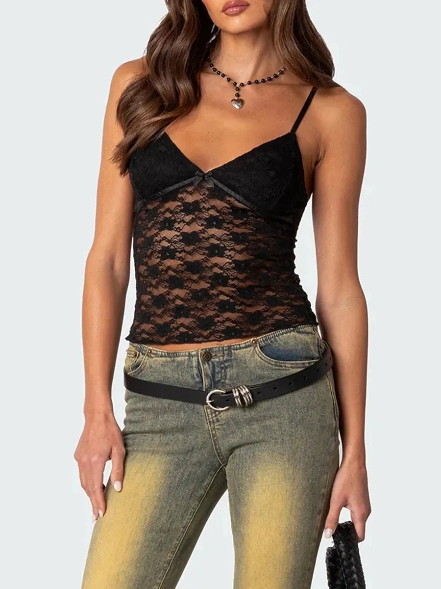 Znbbw Women Summer Vintage Black Lace Flower See Through Cami Crop Tops y2k Fairy Sleeveless V-neck Aesthetic 2000s Gothic Tees