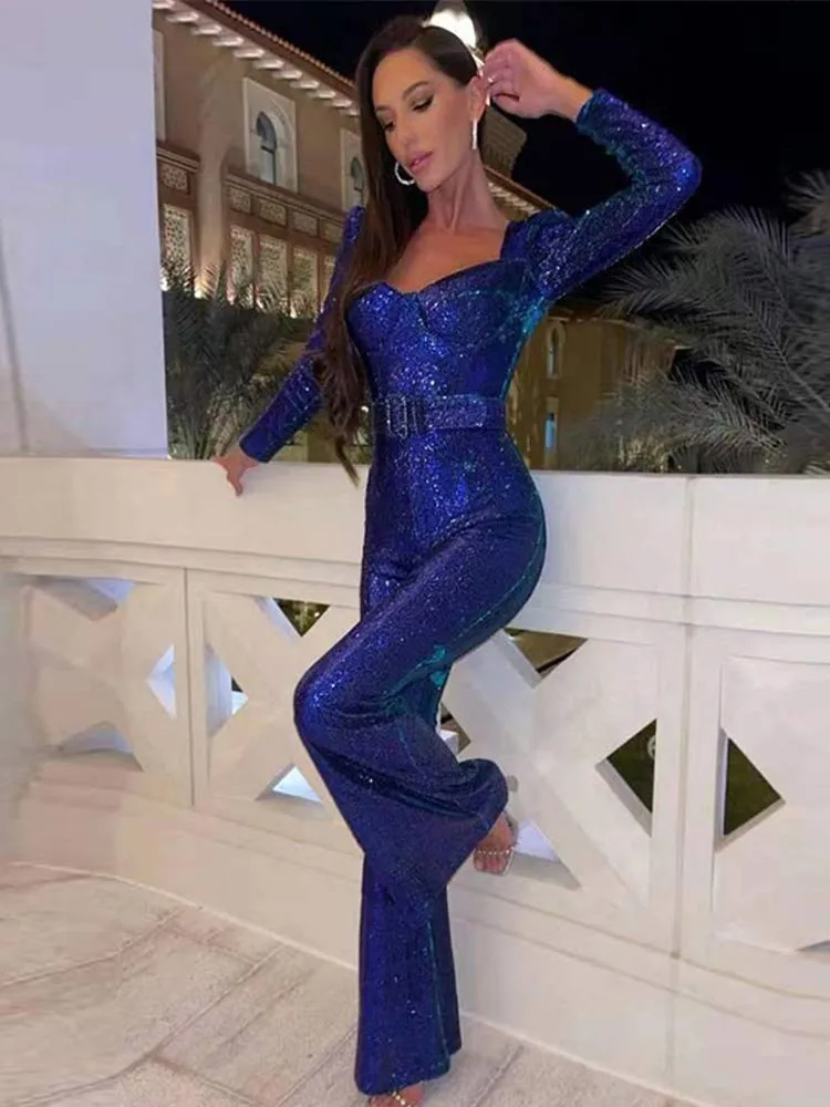 Znbbw Sequins Belt Jumpsuit Women Square Collar Long Sleeve Bodysuit Autumn Wide Leg Pants Female Party Club Outfits - Image 2