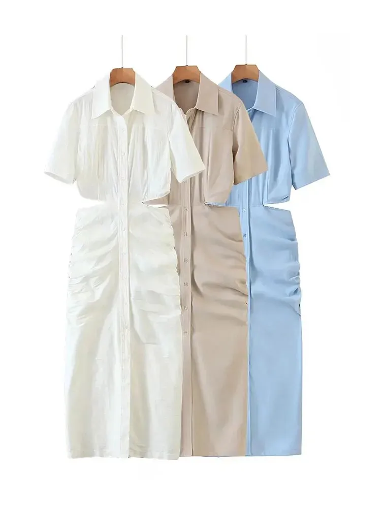 Znbbw ZBZA Women 2023 Shirt Dress Women Waist Cut-out Midi Dress Fashion Design Sexy Elegant Femme Vestidos 202307 - Image 13