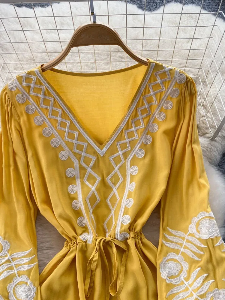 Znbbw Autumn Waist Slim Embroidery Temperament V-neck Dress Female Hepburn Style Lantern Sleeve Black Long Vestidos Women D1570 - Image 3