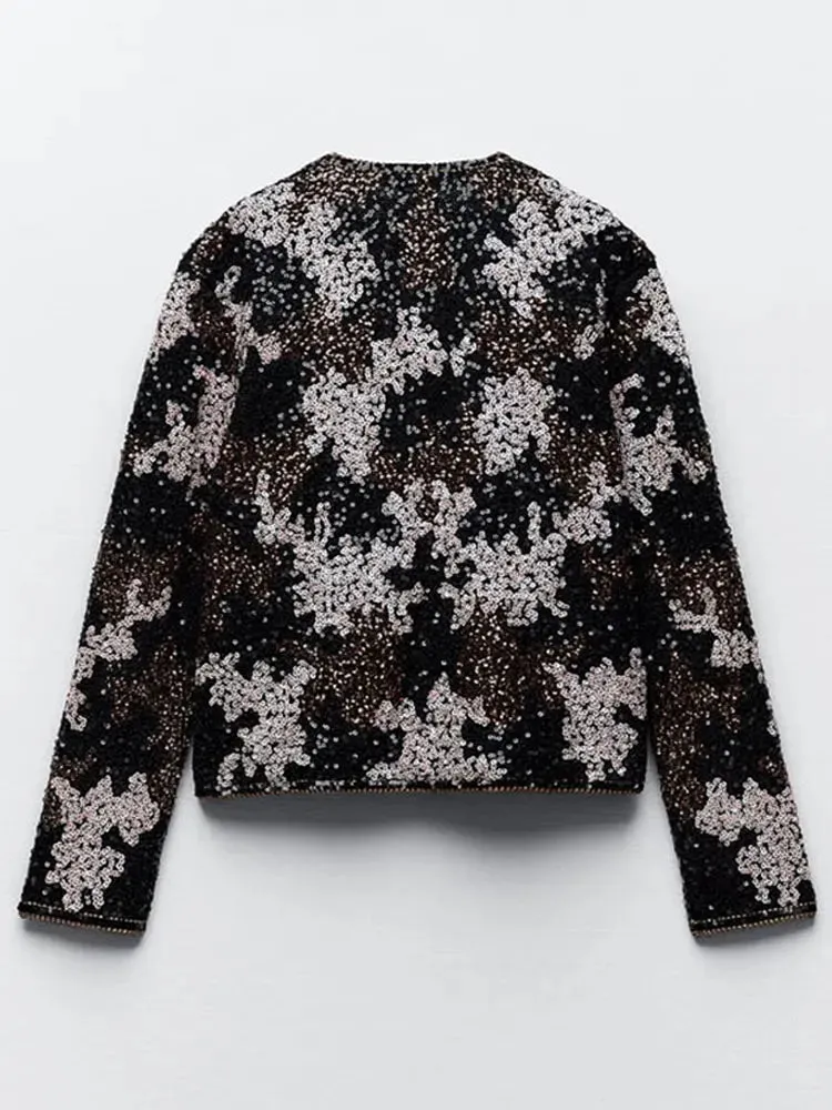 Znbbw Sequins Patchwork Cropped Coat For Women Shiny O Neck Long Sleeves Short Jacket 2023 Winter Autumn High Street Partywear - Image 1