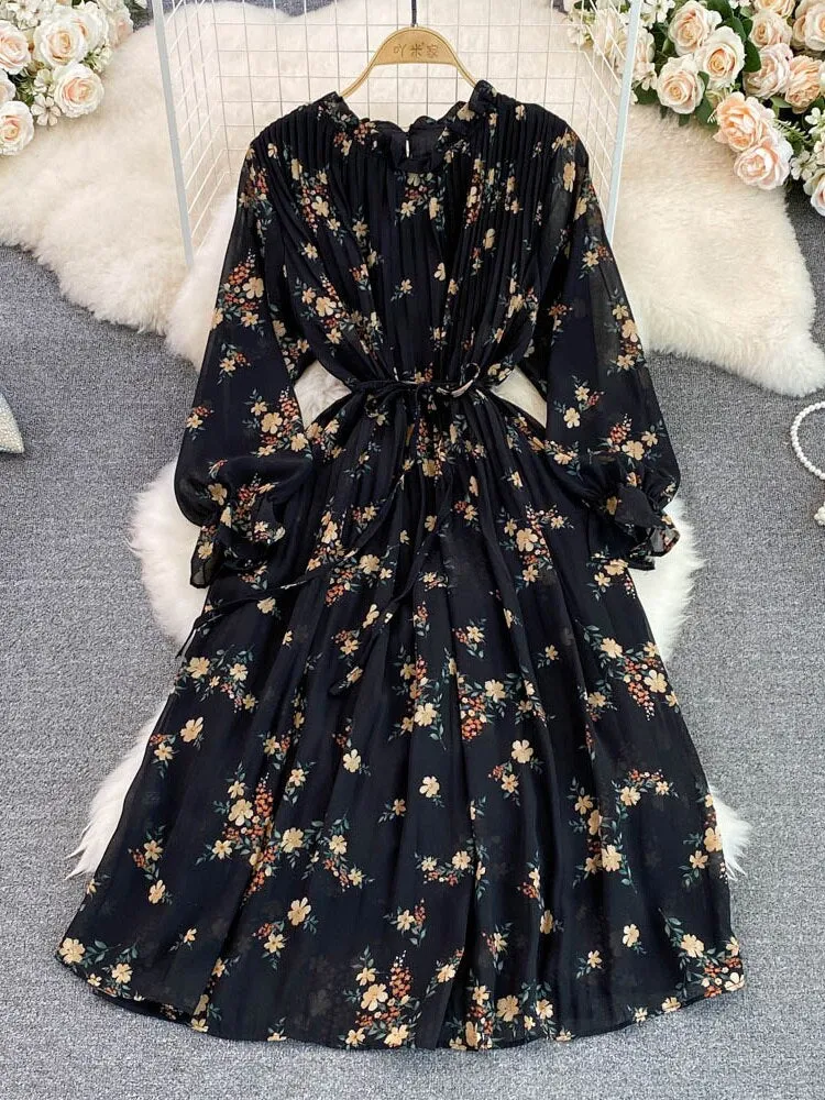 Znbbw Autumn Floral Gentle Fairy Dress Short Round Neck Bubble Long Sleeve Pleated Waist Thin A-line Vestidos Women D1441 - Image 2