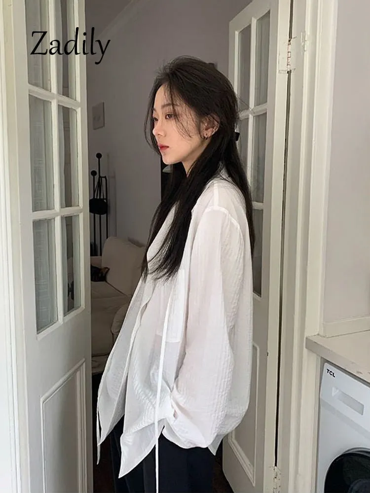 znbbw 2023 Summer Minimalist Long Sleeve Women White Shirt Oversize Button Up Striped Woman Tunic Blouse Female Clothing Top - Image 3