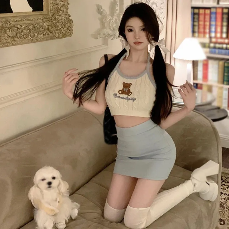 Znbbw Women's Camisole Letter Bear Embroidery Knitted Tank Top Korean Version Camisole - Image 3