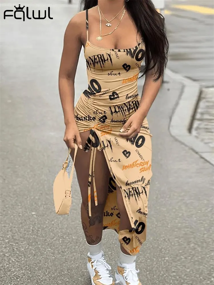 znbbw Red Printing Cami Long Dress Night Club Outfit For Women 2023 Summer Pink Bodycon Pleated Backless Split Maxi Dress 912 - Image 7