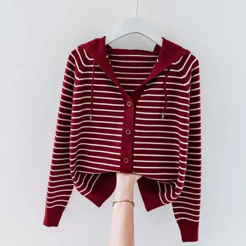 Znbbw Autumn/Winter New Hooded Knit Cardigan Sweatshirt Western Loose Striped Hooded Top - Image 4