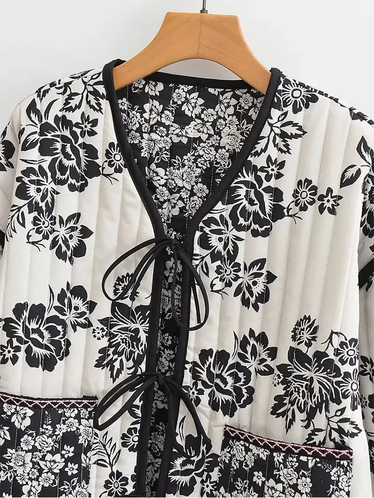 Znbbw 2023 Women Fashion Print Quilted Jacket Women Retro V Neck Tie Winter Warm Padded Jacket Female Chic Reversible Jacket - Image 4