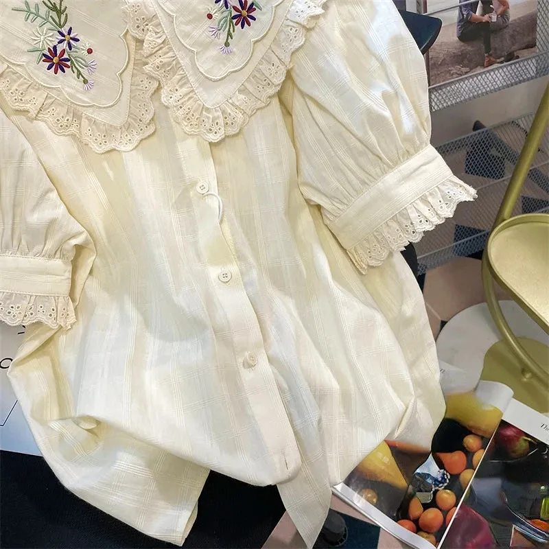 Znbbw Women Shirt Peter Pan Collar Floral Embroidery Hollow Out Ruffles Blouses French Casual Fashion Sweet Short Puff Sleeve Tops - Image 4