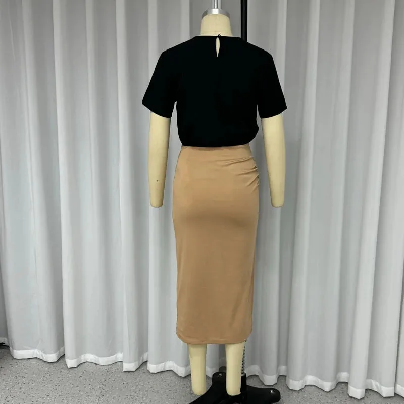 Znbbw Women Two Piece Set Summer Fashion O Neck Short Sleeve Solid Short Top Slim Folds Slit Skirt Set Elegant Streetwear - Image 5