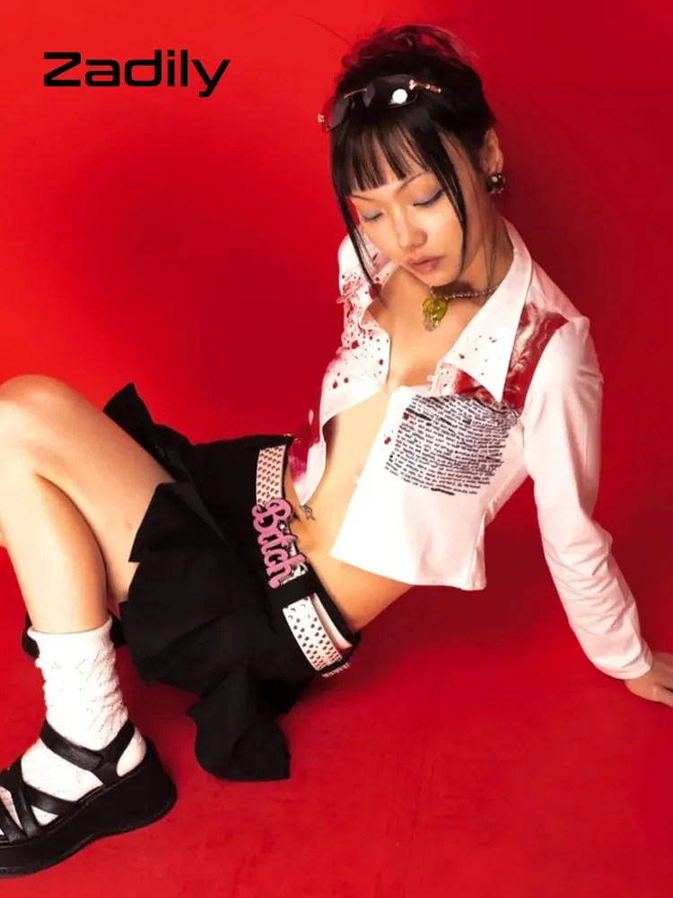 znbbw Y2K Bloodstain Print Long Sleeve Shirt Women Sexy Slim Button Female emo Crop Top Shirts 2023 Summer Club Blouse Tops - Image 6