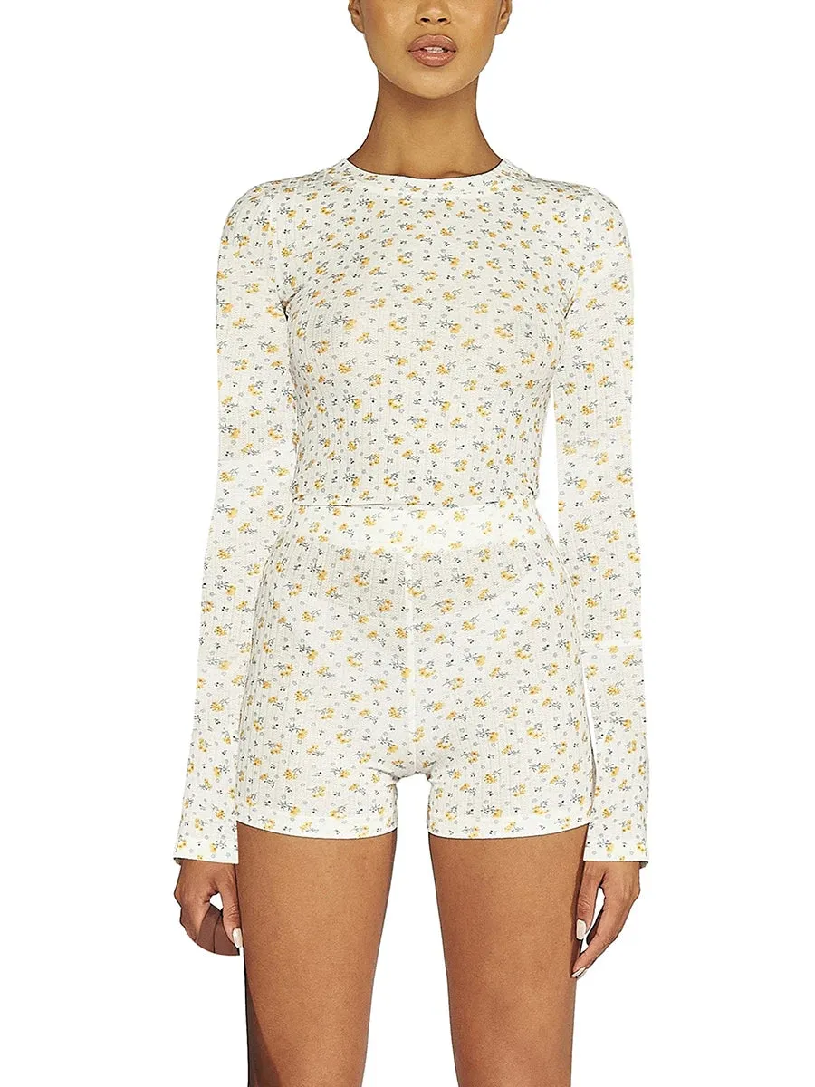 Znbbw Women Spring Summer Two Pieces Knitted Shorts Set Long Sleeve Floral T-shirts Crop Tops High Waist Shorts Outfits Streetwear - Image 9