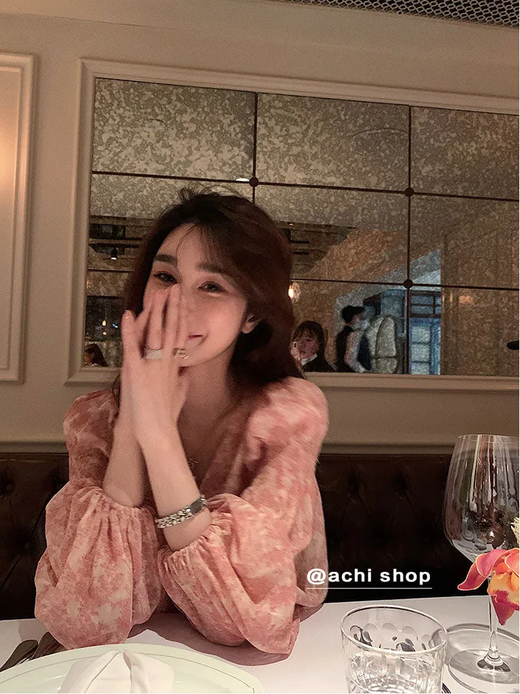 znbbw Women's Elegant V-neck Floral Ladies Dress Long Sleeve Lace-up 2023 Summer's Dress Slim Waist A-line Dress Ladies Clothing - Image 3