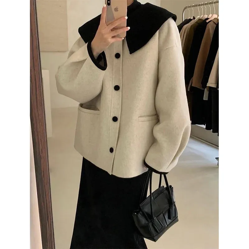 Znbbw Wool Blends Coats Women Korean Cropped Woolen Overcoat Sweet Peter Pan Collar Short Jackets Streetwear Casual Outwear - Image 5
