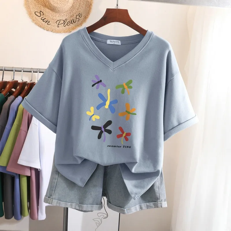 Znbbw 100% Cotton L-5XL T Shirt Plus Size Tshirt Short Sleeve Cartoon Women Top Summer Sweet Couple V Neck Oversized T Shirts - Image 14