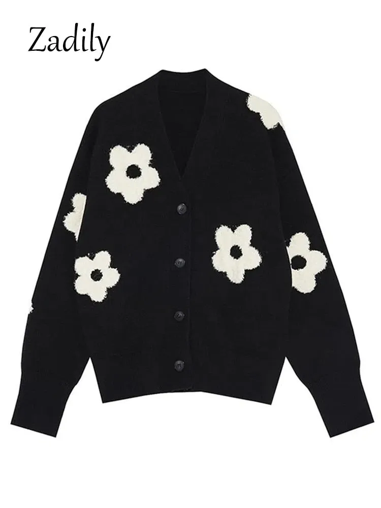 znbbw 2023 Winter New In Vintage Floral EmbroideryLoose Women Knit Cardigan Korea Style Button Up Ladies Sweater Coat Clothing - Image 5