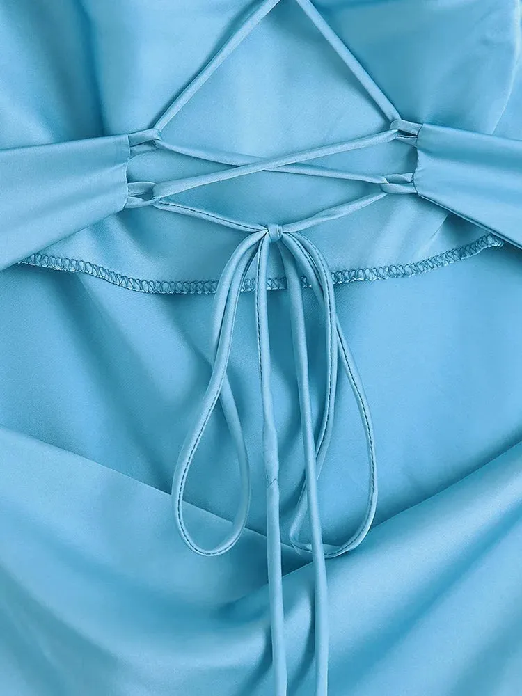 Znbbw Backless Criss-cross Sexy Blue Satin Dress Robe Party Club Silk Ladies Sleeveless Dress Vestidos De Fiesta Beach Boho - Image 6