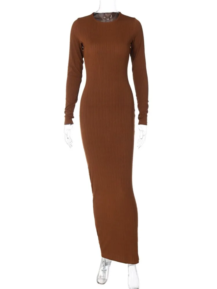 znbbw Autumn Solid Ribbed Bodycon Maxi Dresses Club Outfit For Women 2023 Long Sleeve O Neck Party Long Dress Female Dress - Image 6