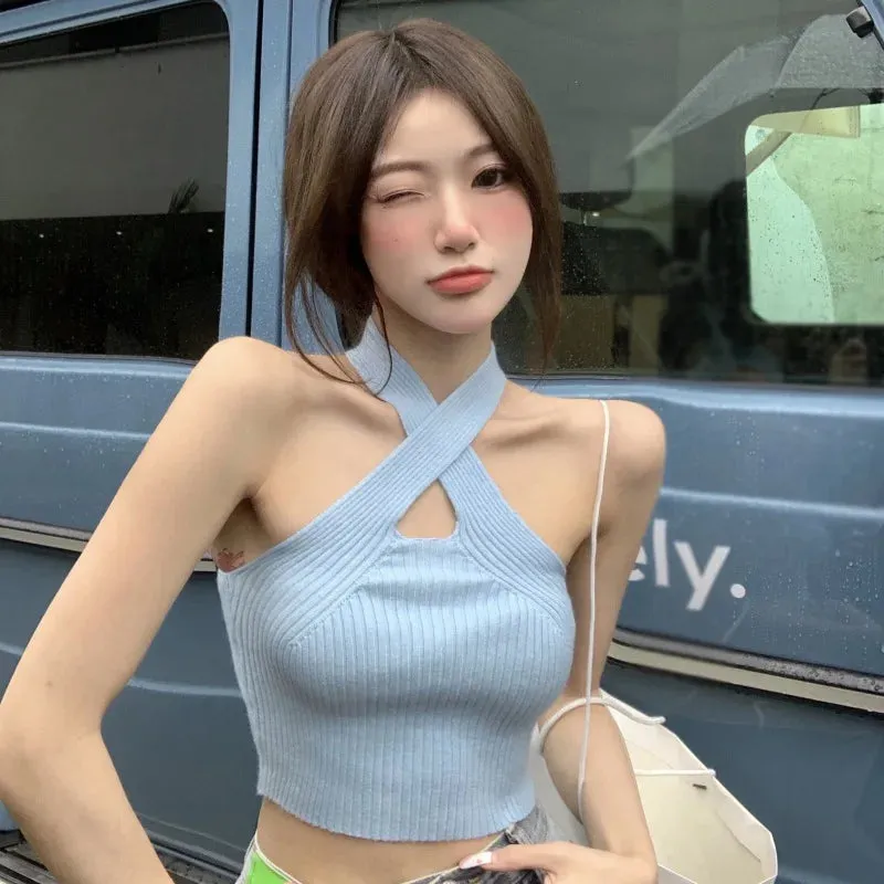 Znbbw Women's Korean Version Vest With Cross Hanging Neck And Hollow Out Sexy Slim Fitting Exposed Navel Knitted Vest - Image 6