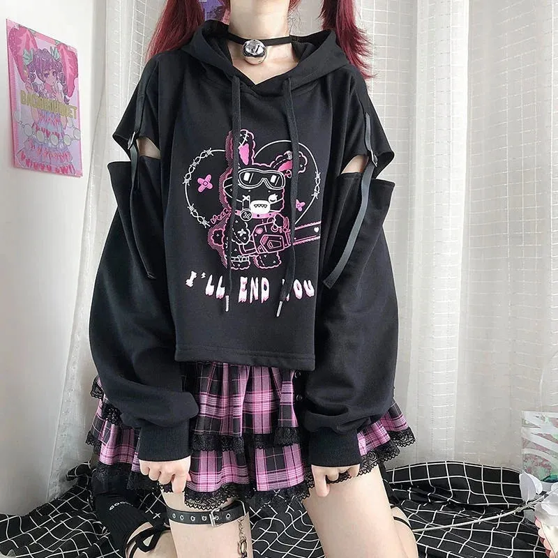Znbbw Autumn New Hoodies Punk Gothic Patchwork Hollow Out Y2k Clothes Cartoon Print Casual Loose Preppy Style Crop Sweatshirts - Image 6