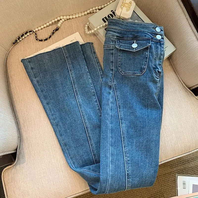 znbbw Women Korean High Waist Pockets Patchwork Denim Pants Buttons Up Ankle Length Pants Casual Wide Leg Blue Jeans Sreetwear Y2k - Image 4