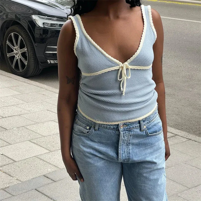 Znbbw Y2K Tank Tops Vintage Ruffle V Neck Milkmaid Crop Top Women Tie up Cute BowTops Summer Korean Grunge Fairycore Outfits - Image 3