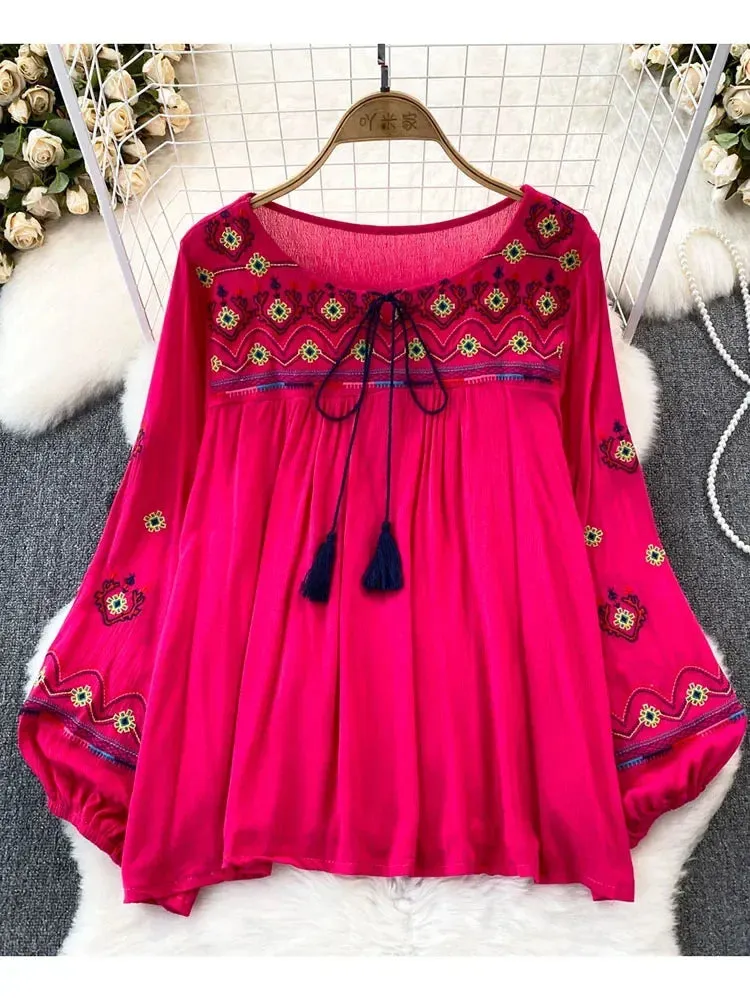 Znbbw Women Spring Embroidery Blouse Flower Vintage Ethnic Lantern Long Sleeved O-Neck Loose Cotton Linen Shirt Casual Top D5082 - Image 3