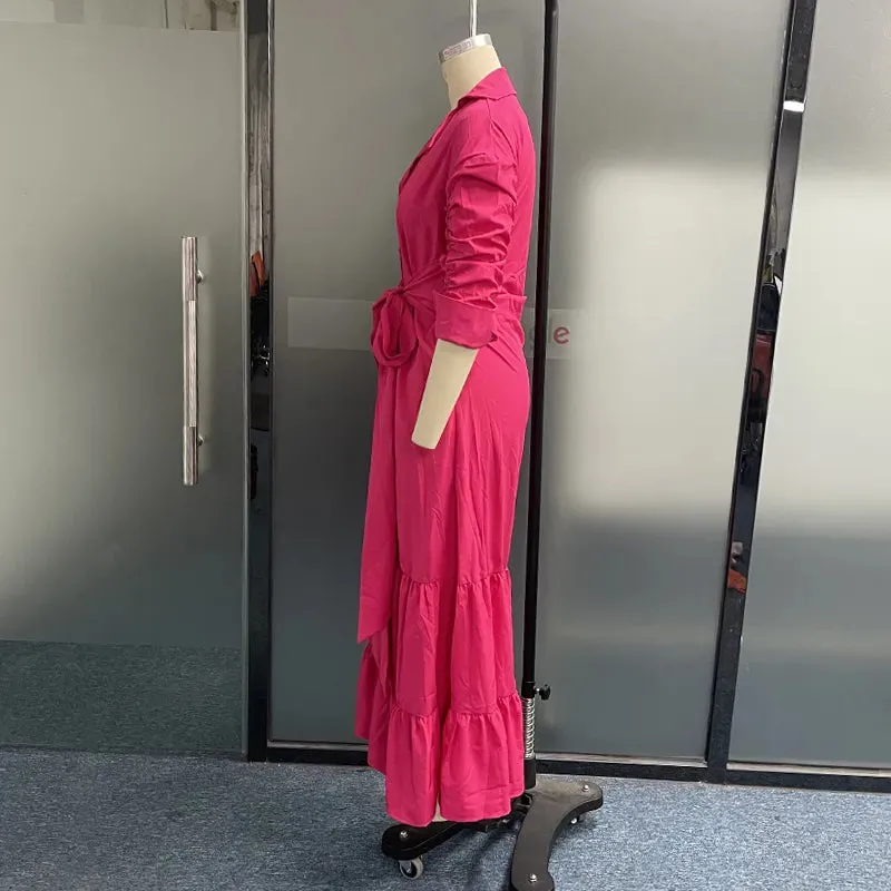 Znbbw Women Maxi Dress Fashion Elegant Long Sleeve Lapel Lace Up Nipped Waist Pleated Solid Color Dresses High Streetwear - Image 5