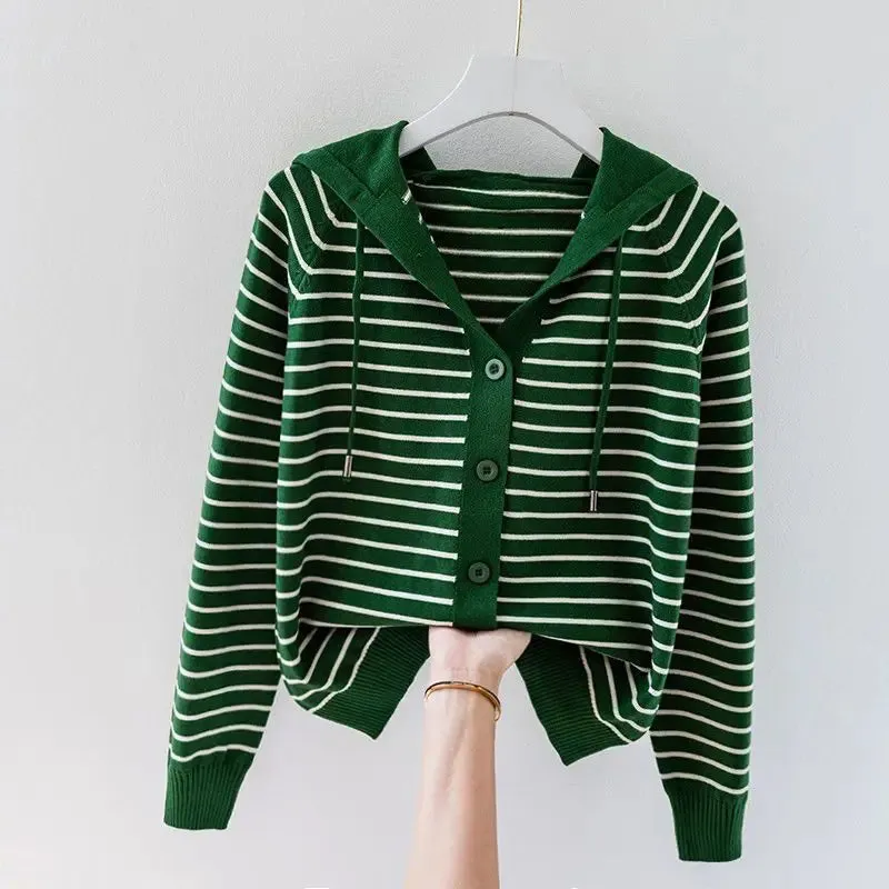Znbbw Autumn/Winter New Hooded Knit Cardigan Sweatshirt Western Loose Striped Hooded Top - Image 2