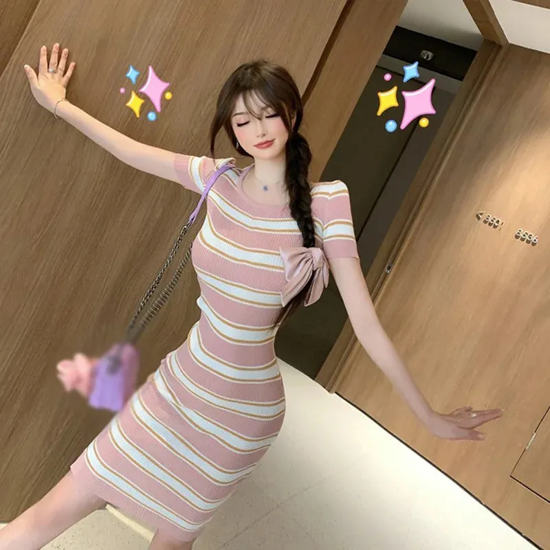 Znbbw Women's Dress  Hip Striped Elegant Short-sleeved  Knit Crew Neck Dress - Image 8