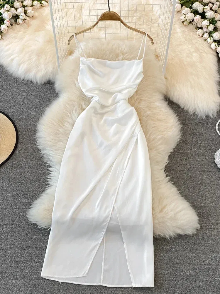 Znbbw Women Summer Dress Vintage High-waisted Slim Suspender Pleated Sleeveless Backless A-line Dress Elegant Split Dress D3196 - Image 5