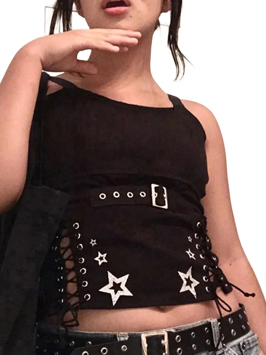 Znbbw Women Tank Tops Summer Gothic Punk Style Casual Star Print Bandage Crop Tops for Streetwear Club Wear - Image 2