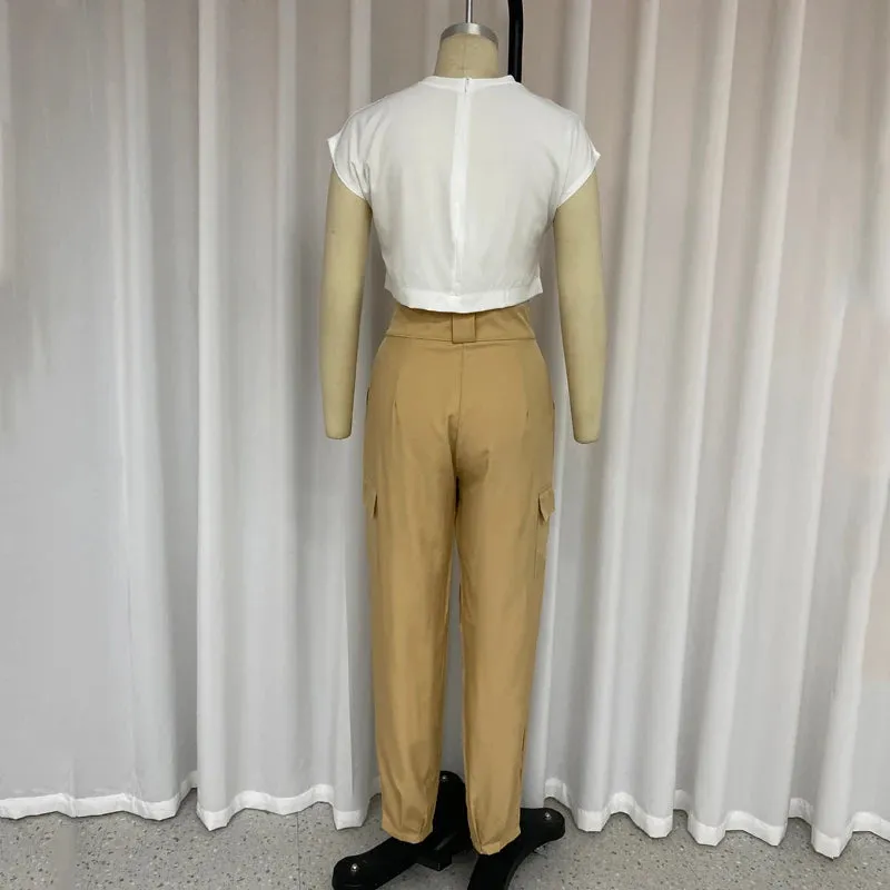 Znbbw Women Two Piece Set Summer Fashion Round Neck Sleeveless Top Casual Nipped Waist With Pocket Cargo Pants Sets Streetwear - Image 5