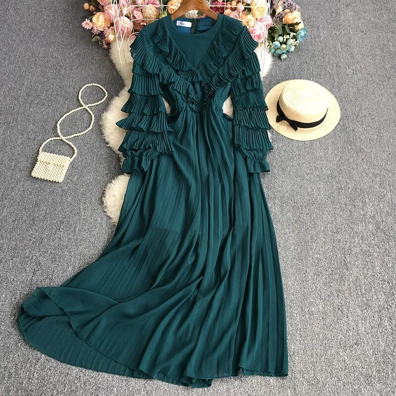 Znbbw Women Spring Autumn Dress Temperament Fold Solid Color Round Neck Sweet A-line Pressed Lace Long Sleeve Dress D2301 - Image 8