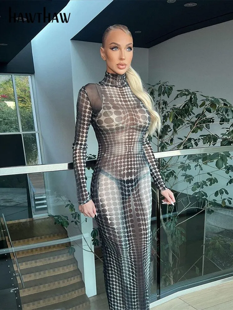 Znbbw Women Sexy Long Sleeve Mesh See Through Bodycon Party Club Long Dress 2023 Fall Clothing Wholesale Items For Business - Image 3